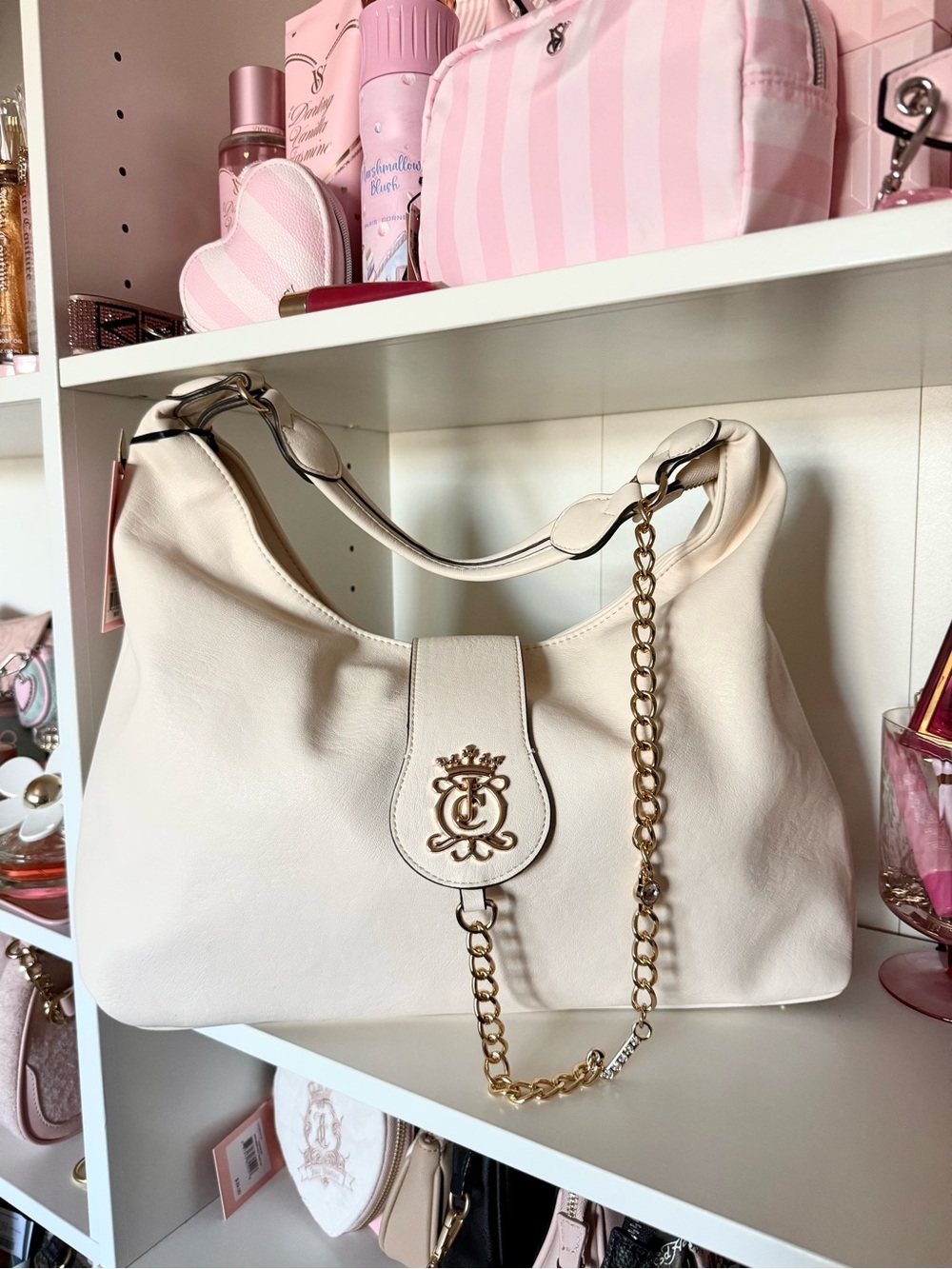Juicy Couture “Royal Crest” Cream Shoulder Satchel with Gold Chain